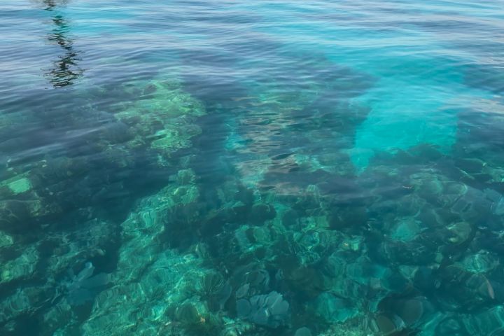 Clear ocean water with visible rocks and distant tower.